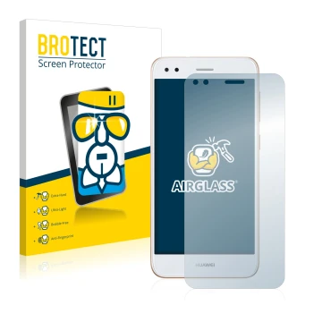 Face avant d’un emballage produit avec le logo de la marque BROTECT. À côté, l’appareil Huawei P9 Lite Mini est représenté ave
