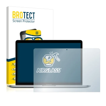 Face avant d’un emballage produit avec le logo de la marque BROTECT. À côté, l’appareil Apple MacBook Pro 13