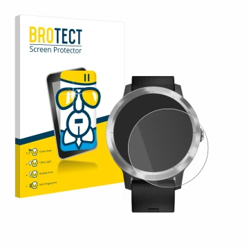 Face avant d’un emballage produit avec le logo de la marque BROTECT. À côté, l’appareil Garmin vivoactive 3 est représenté ave