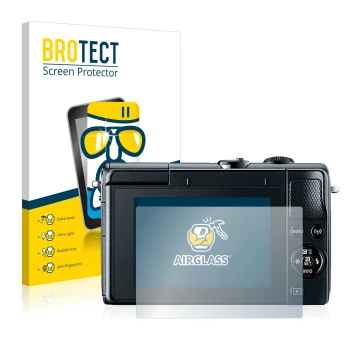 Face avant d’un emballage produit avec le logo de la marque BROTECT. À côté, l’appareil Canon EOS M100 est représenté avec la 