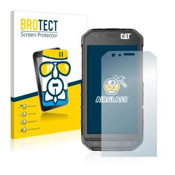 Face avant d’un emballage produit avec le logo de la marque BROTECT. À côté, l’appareil Caterpillar Cat S31 est représenté ave