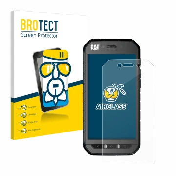 Face avant d’un emballage produit avec le logo de la marque BROTECT. À côté, l’appareil Caterpillar Cat S41 est représenté ave