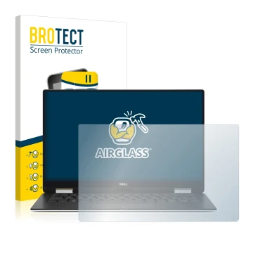 Face avant d’un emballage produit avec le logo de la marque BROTECT. À côté, l’appareil Dell XPS 13 9365 2-in-1 est représenté