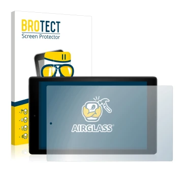 Face avant d’un emballage produit avec le logo de la marque BROTECT. À côté, l’appareil Amazon Fire HD 10 2017 (7ème Gen.) est