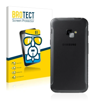 Face avant d’un emballage produit avec le logo de la marque BROTECT. À côté, l’appareil Samsung Galaxy XCover 4 (Caméra UNIQUE