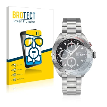Face avant d’un emballage produit avec le logo de la marque BROTECT. À côté, l’appareil TAG Heuer Formula 1 (44 mm) est représ