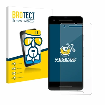 Face avant d’un emballage produit avec le logo de la marque BROTECT. À côté, l’appareil Google Pixel 2 est représenté avec la 