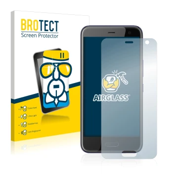 Face avant d’un emballage produit avec le logo de la marque BROTECT. À côté, l’appareil HTC U11 Life est représenté avec la pr