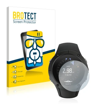 Face avant d’un emballage produit avec le logo de la marque BROTECT. À côté, l’appareil Suunto Spartan Trainer Wrist HR est re