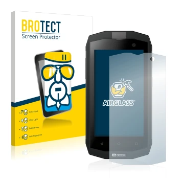 Face avant d’un emballage produit avec le logo de la marque BROTECT. À côté, l’appareil Crosscall Trekker M1 est représenté av