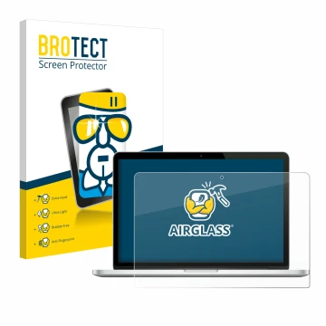 Face avant d’un emballage produit avec le logo de la marque BROTECT. À côté, l’appareil Apple MacBook Pro Retina 13