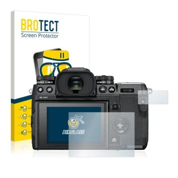 Face avant d’un emballage produit avec le logo de la marque BROTECT. À côté, l’appareil Fujifilm X-H1 est représenté avec la p