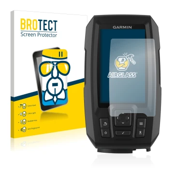 Face avant d’un emballage produit avec le logo de la marque BROTECT. À côté, l’appareil Garmin Striker Plus 4 est représenté a