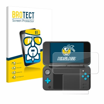 Face avant d’un emballage produit avec le logo de la marque BROTECT. À côté, l’appareil New Nintendo 2DS XL est représenté ave