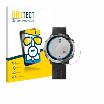 Face avant d’un emballage produit avec le logo de la marque BROTECT. À côté, l’appareil Garmin Forerunner 645 est représenté a