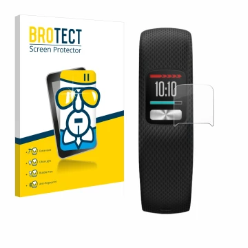 Face avant d’un emballage produit avec le logo de la marque BROTECT. À côté, l’appareil Garmin Vivofit 4 est représenté avec l