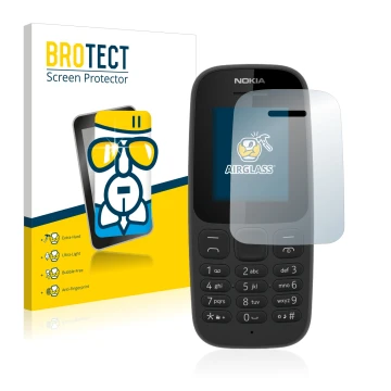 Face avant d’un emballage produit avec le logo de la marque BROTECT. À côté, l’appareil Nokia 105 2017 est représenté avec la 