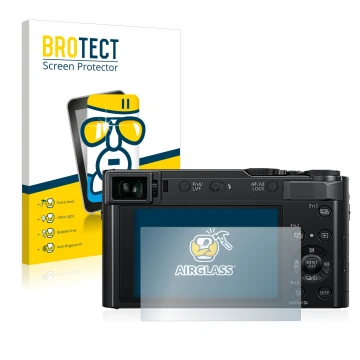 Face avant d’un emballage produit avec le logo de la marque BROTECT. À côté, l’appareil Panasonic Lumix DC-TZ202 est représent