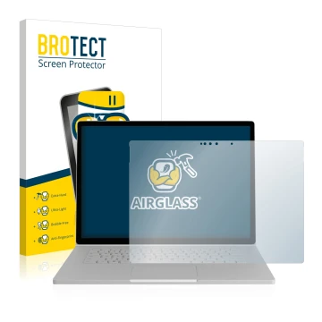 Face avant d’un emballage produit avec le logo de la marque BROTECT. À côté, l’appareil Microsoft Surface Book 2 15