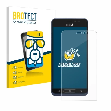 Face avant d’un emballage produit avec le logo de la marque BROTECT. À côté, l’appareil Doro 8035 est représenté avec la prote