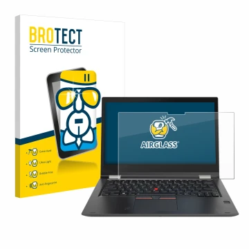 Face avant d’un emballage produit avec le logo de la marque BROTECT. À côté, l’appareil Lenovo ThinkPad Yoga X380 est représen