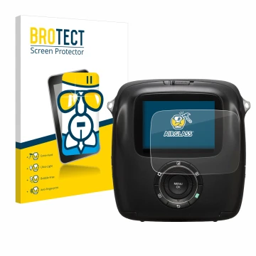 Face avant d’un emballage produit avec le logo de la marque BROTECT. À côté, l’appareil Fujifilm Instax Square SQ10 est représ