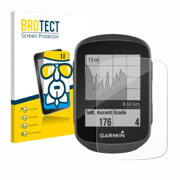 Face avant d’un emballage produit avec le logo de la marque BROTECT. À côté, l’appareil Garmin Edge 130 est représenté avec la