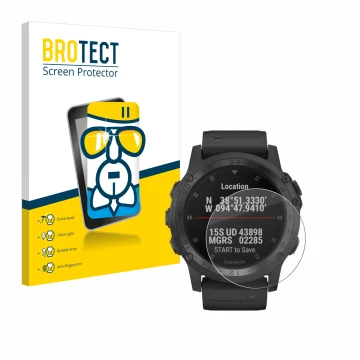 Face avant d’un emballage produit avec le logo de la marque BROTECT. À côté, l’appareil Garmin Tactix Charlie est représenté a