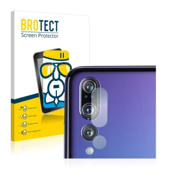 Face avant d’un emballage produit avec le logo de la marque BROTECT. À côté, l’appareil Huawei P20 Pro (Caméra UNIQUEMENT) est
