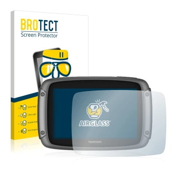 Face avant d’un emballage produit avec le logo de la marque BROTECT. À côté, l’appareil TomTom Rider 500 est représenté avec l