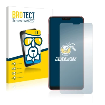 Face avant d’un emballage produit avec le logo de la marque BROTECT. À côté, l’appareil Oppo F7 est représenté avec la protect