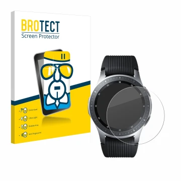 Face avant d’un emballage produit avec le logo de la marque BROTECT. À côté, l’appareil Samsung Galaxy Watch (46 mm) est repré