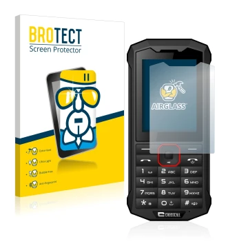 Face avant d’un emballage produit avec le logo de la marque BROTECT. À côté, l’appareil Crosscall Spider X4 est représenté ave