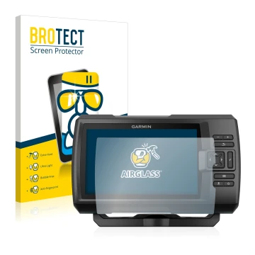 Face avant d’un emballage produit avec le logo de la marque BROTECT. À côté, l’appareil Garmin Striker Plus 7cv est représenté