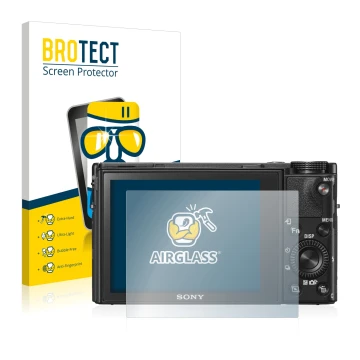 Face avant d’un emballage produit avec le logo de la marque BROTECT. À côté, l’appareil Sony Cyber-Shot DSC-RX100 VI est repré