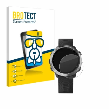 Face avant d’un emballage produit avec le logo de la marque BROTECT. À côté, l’appareil Garmin Forerunner 645 Music est représ