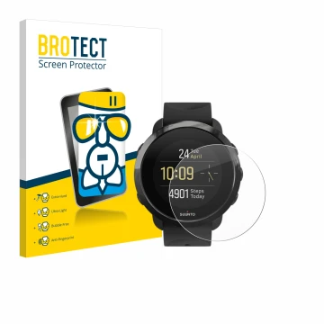 Face avant d’un emballage produit avec le logo de la marque BROTECT. À côté, l’appareil Suunto 3 Fitness est représenté avec l