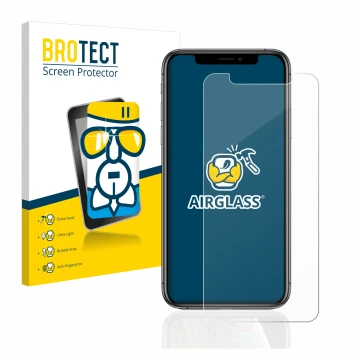 Face avant d’un emballage produit avec le logo de la marque BROTECT. À côté, l’appareil Apple iPhone Xs est représenté avec la