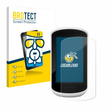 Face avant d’un emballage produit avec le logo de la marque BROTECT. À côté, l’appareil Garmin Edge Explore 2018 est représent