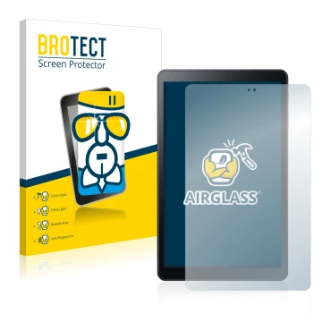 Face avant d’un emballage produit avec le logo de la marque BROTECT. À côté, l’appareil Samsung Galaxy Tab A 10.5 2018 LTE est