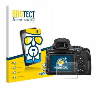 Face avant d’un emballage produit avec le logo de la marque BROTECT. À côté, l’appareil Nikon Coolpix P1000 est représenté ave