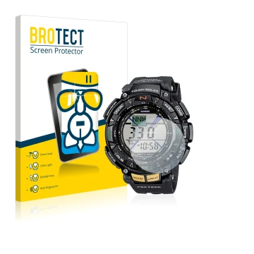 Face avant d’un emballage produit avec le logo de la marque BROTECT. À côté, l’appareil Casio Pro Trek PRG-240-1ER est représe