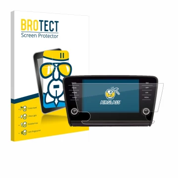 Face avant d’un emballage produit avec le logo de la marque BROTECT. À côté, l’appareil Skoda Amundsen Superb 2018 Infotainmen