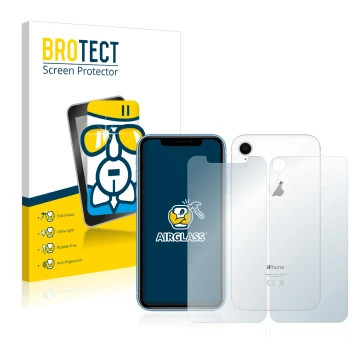 Face avant d’un emballage produit avec le logo de la marque BROTECT. À côté, l’appareil Apple iPhone XR (Avant+Arrière) est re