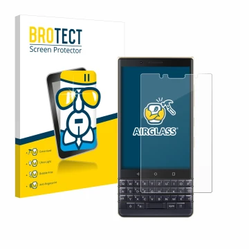 Face avant d’un emballage produit avec le logo de la marque BROTECT. À côté, l’appareil BlackBerry Key2 LE est représenté avec