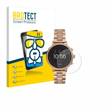 Face avant d’un emballage produit avec le logo de la marque BROTECT. À côté, l’appareil Fossil Q Venture HR (4.Gen) est représ