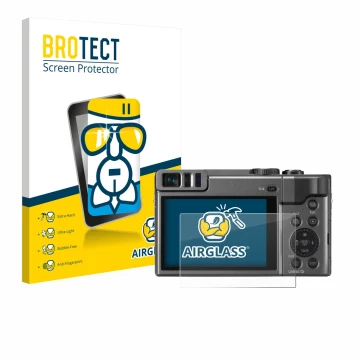 Face avant d’un emballage produit avec le logo de la marque BROTECT. À côté, l’appareil Panasonic Lumix DC-TZ90 est représenté