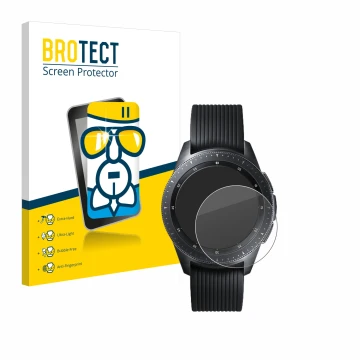 Face avant d’un emballage produit avec le logo de la marque BROTECT. À côté, l’appareil Samsung Galaxy Watch (42 mm) est repré