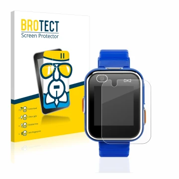 Face avant d’un emballage produit avec le logo de la marque BROTECT. À côté, l’appareil Vtech Kidizoom Smart Watch DX2 est rep