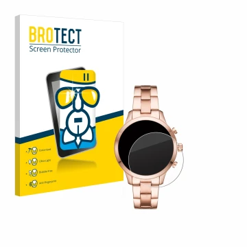 Face avant d’un emballage produit avec le logo de la marque BROTECT. À côté, l’appareil Michael Kors Access Runway (41 mm) est